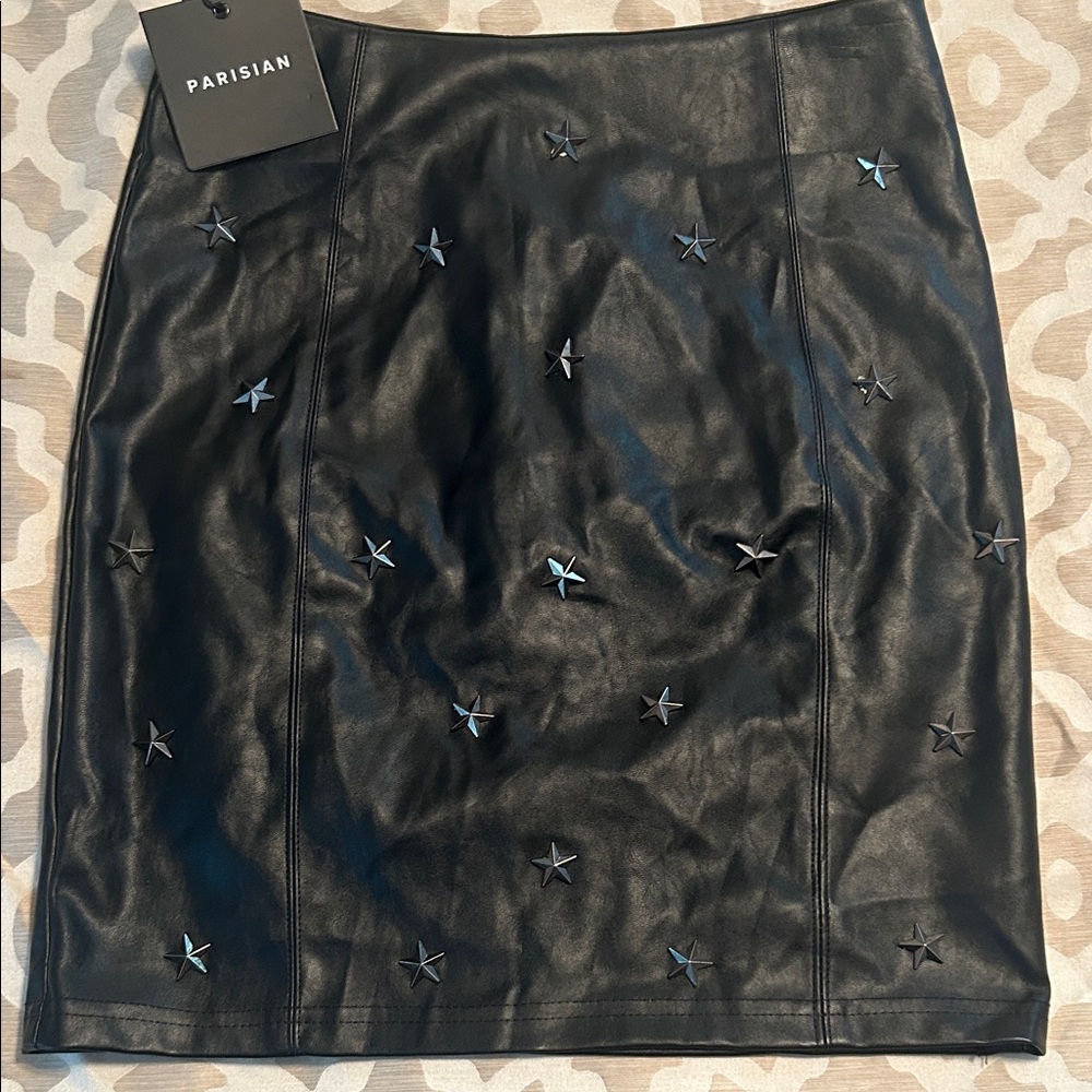 Parisian Black Star-Adorned Faux Leather Skirt